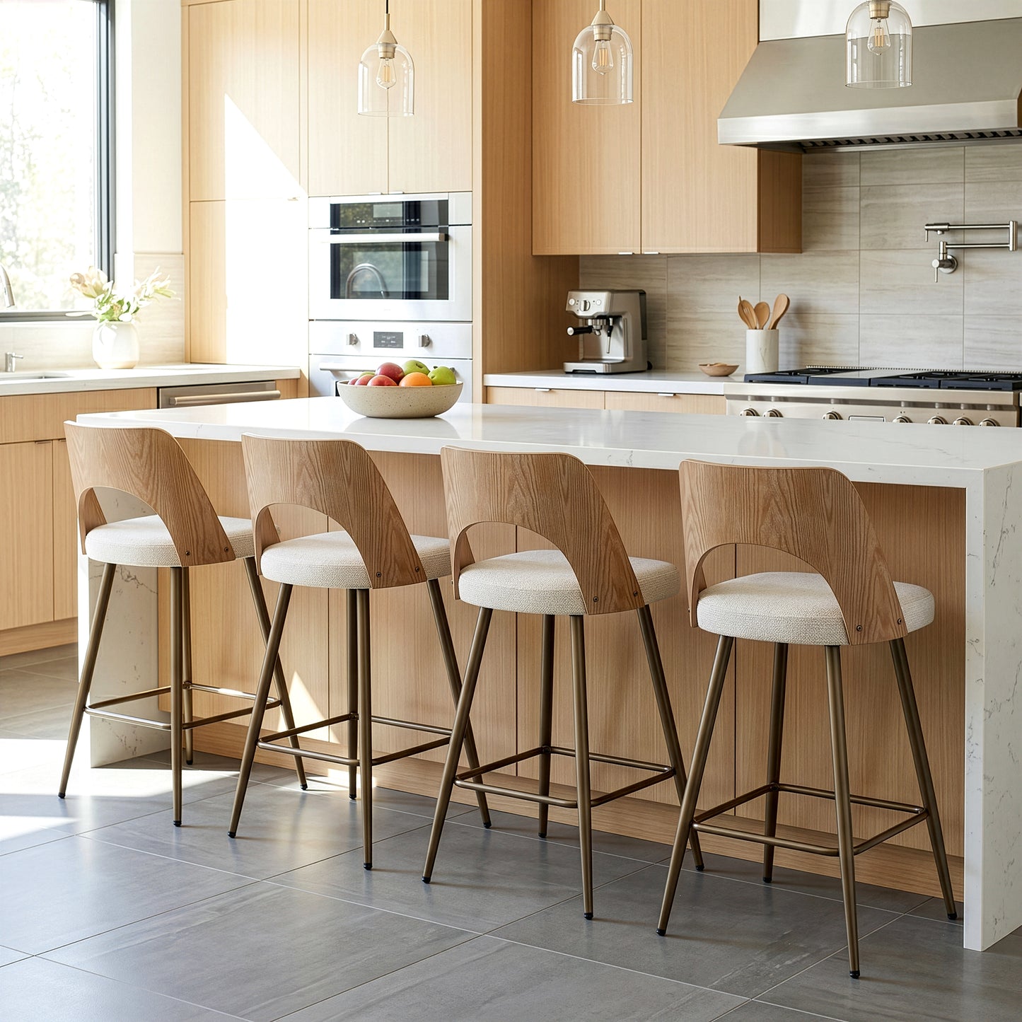 Set of 2 Bethan Beige Washed Boucle Fabric Counter Stool with White Washed Wood Back and Black Iron Legs