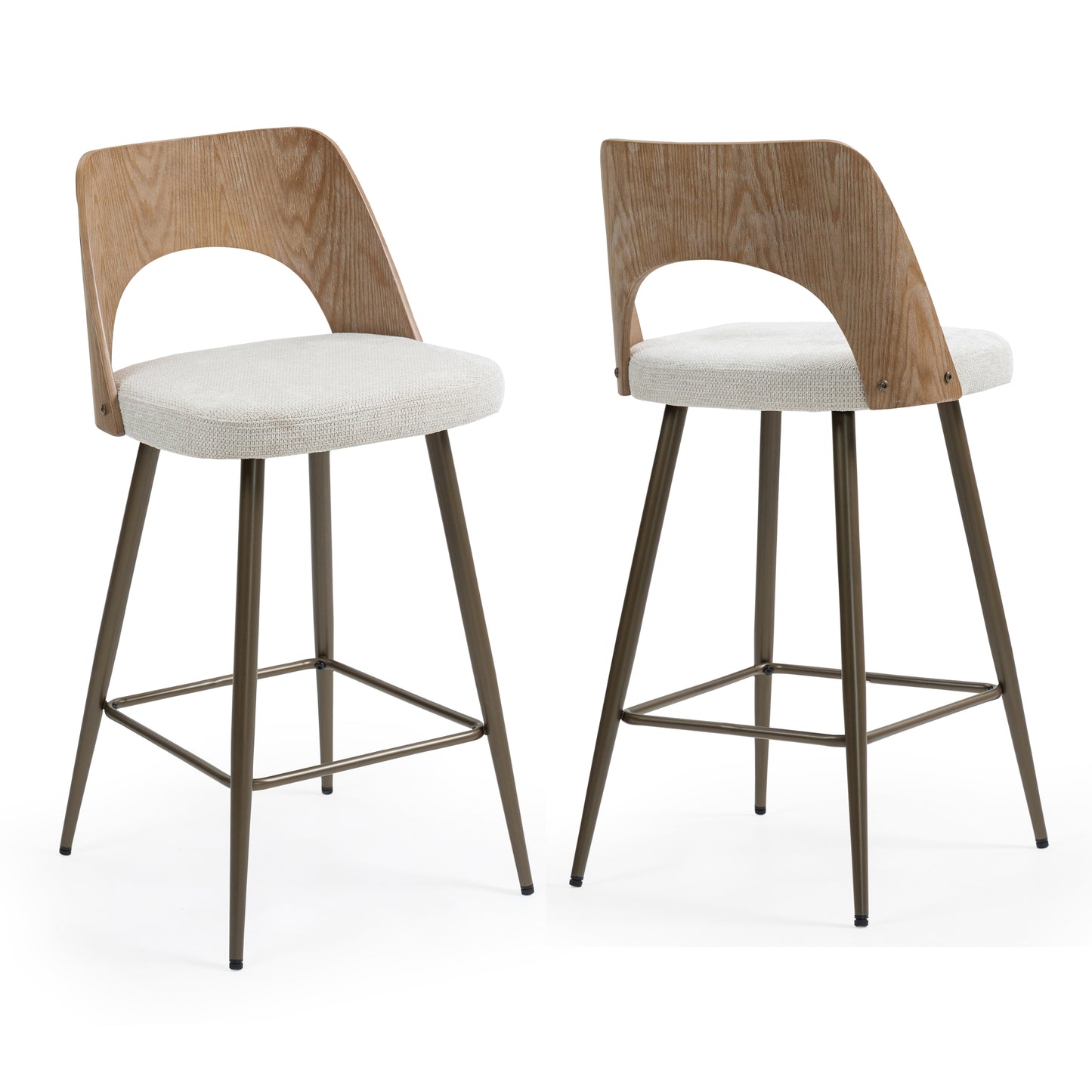 Set of 2 Bethan Beige Washed Boucle Fabric Counter Stool with White Washed Wood Back and Black Iron Legs