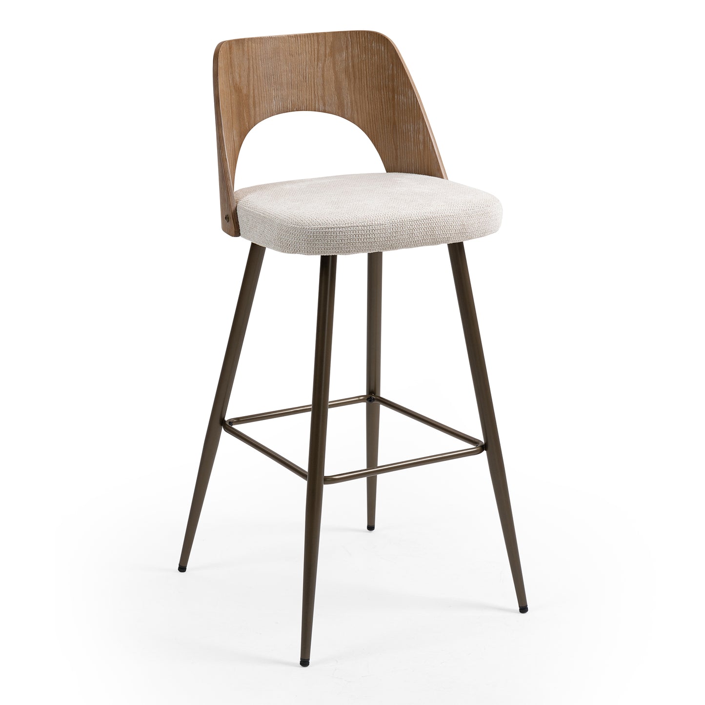 Set of 2 Bethan Beige Washed Boucle Fabric Bar Stool with White Washed Wood Back and Black Iron Legs