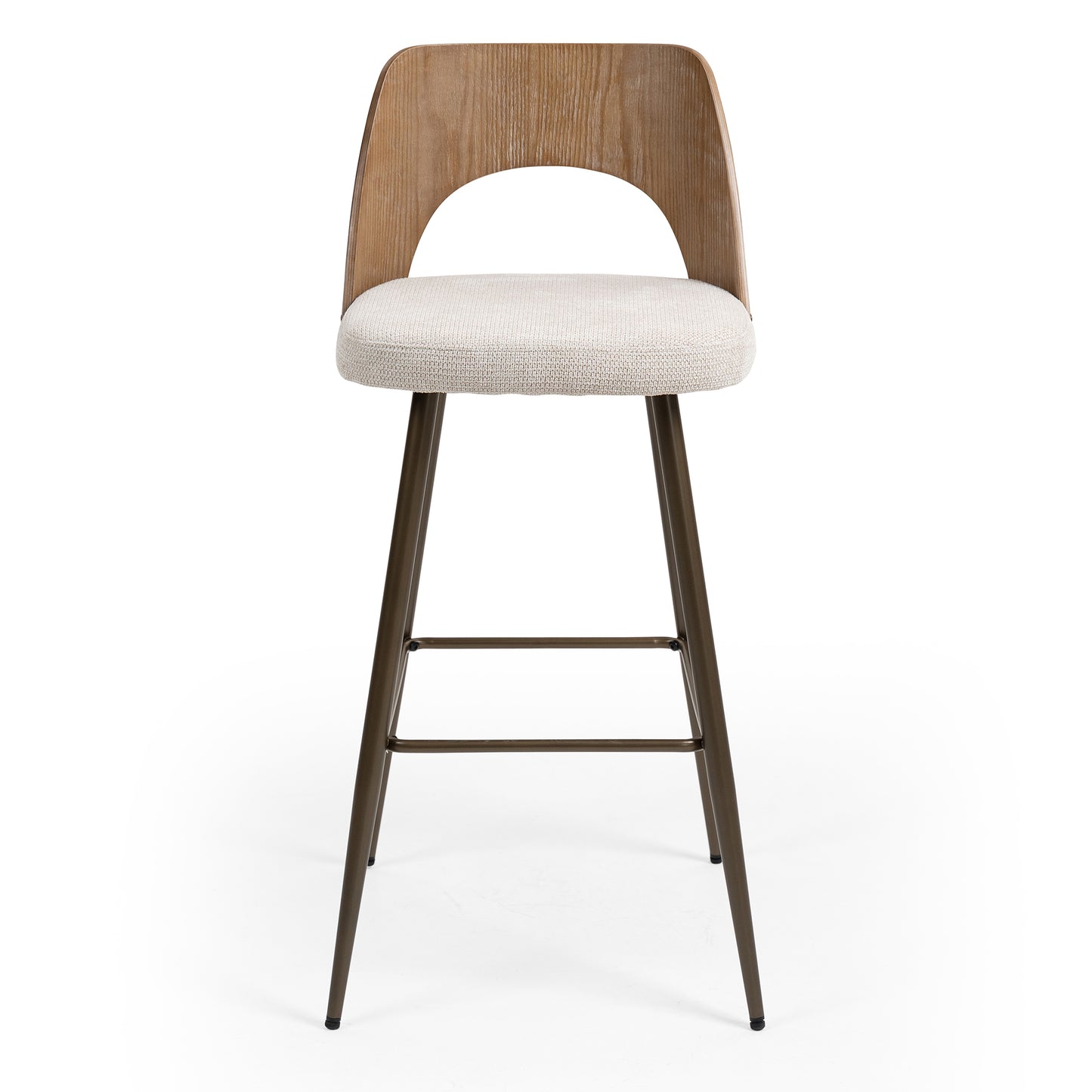 Set of 2 Bethan Beige Washed Boucle Fabric Bar Stool with White Washed Wood Back and Black Iron Legs