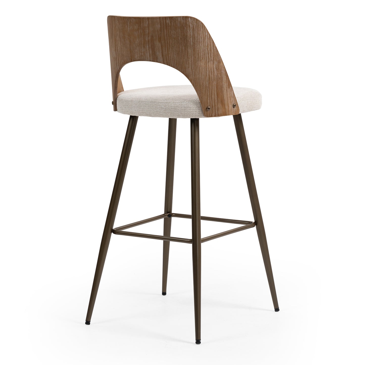Set of 2 Bethan Beige Washed Boucle Fabric Bar Stool with White Washed Wood Back and Black Iron Legs