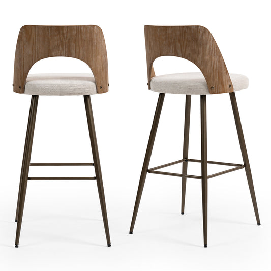 Set of 2 Bethan Beige Washed Boucle Fabric Bar Stool with White Washed Wood Back and Black Iron Legs