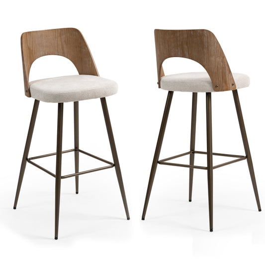 Set of 2 Bethan Beige Washed Boucle Fabric Bar Stool with White Washed Wood Back and Black Iron Legs