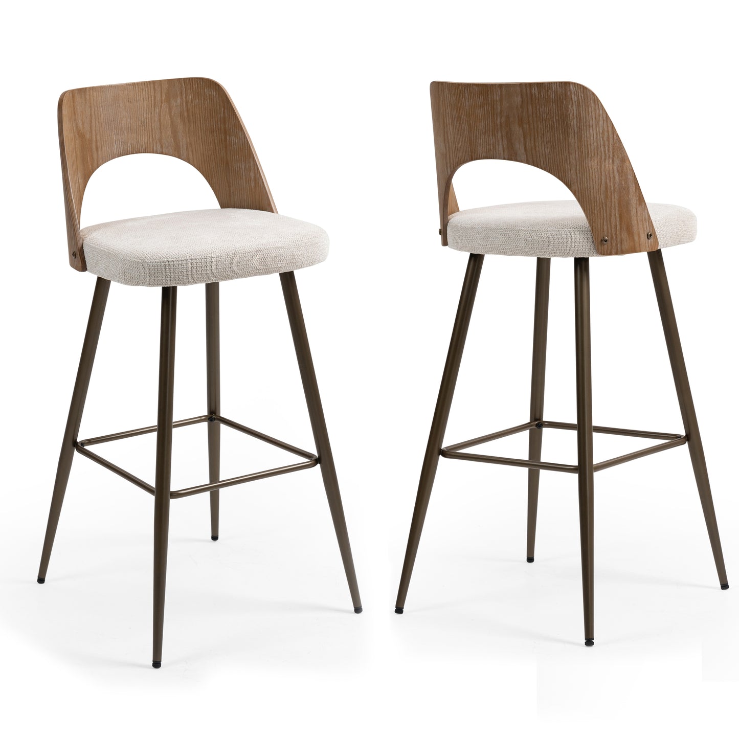 Set of 2 Bethan Beige Washed Boucle Fabric Bar Stool with White Washed Wood Back and Black Iron Legs