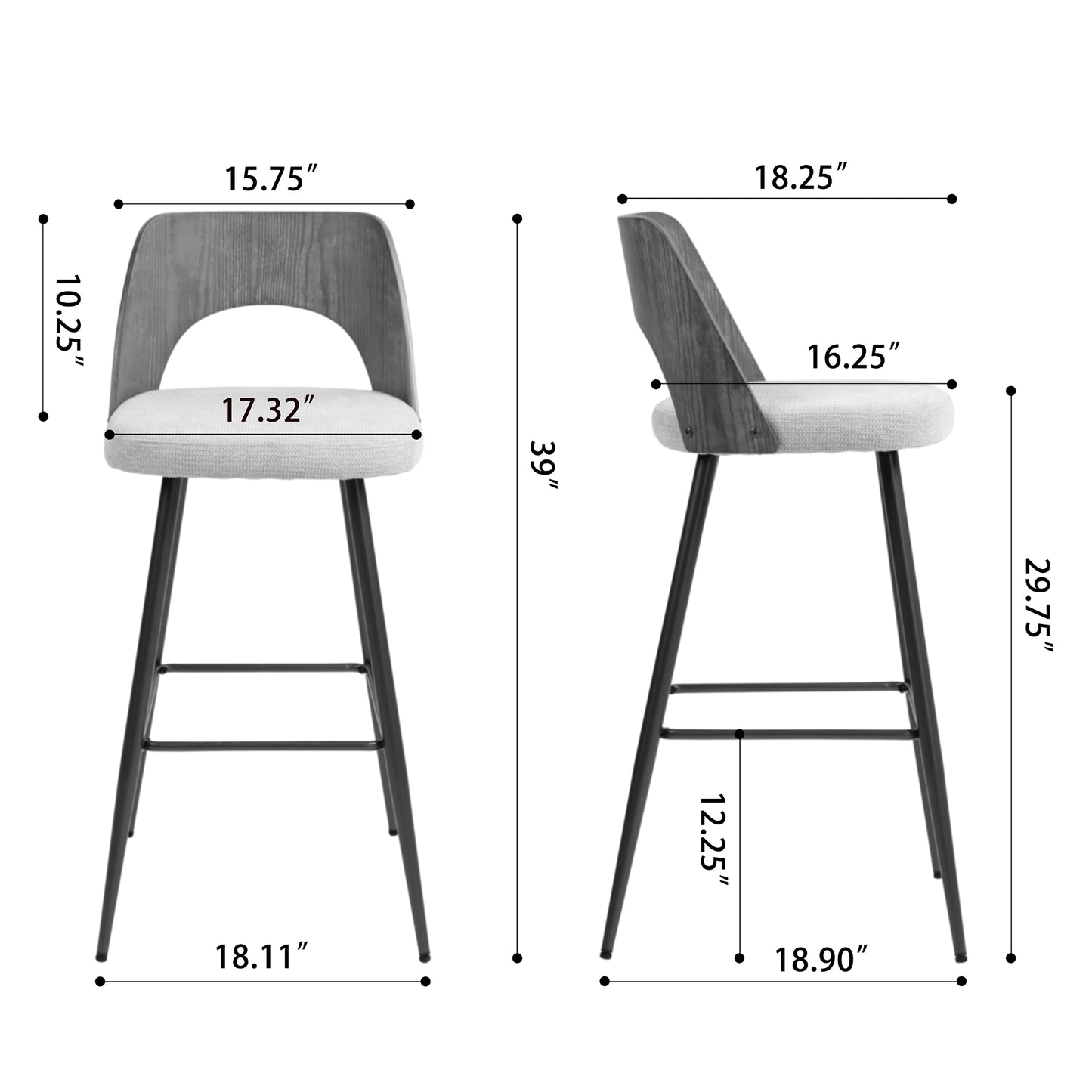 Set of 2 Bethan Beige Washed Boucle Fabric Bar Stool with White Washed Wood Back and Black Iron Legs