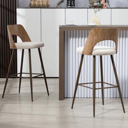 Set of 2 Bethan Beige Washed Boucle Fabric Bar Stool with White Washed Wood Back and Black Iron Legs