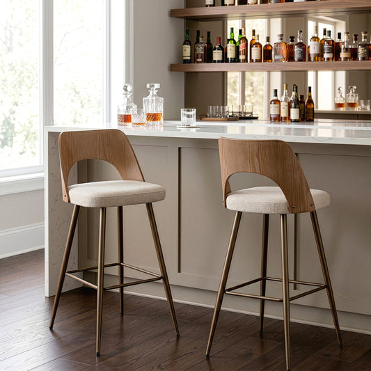 Set of 2 Bethan Beige Washed Boucle Fabric Bar Stool with White Washed Wood Back and Black Iron Legs