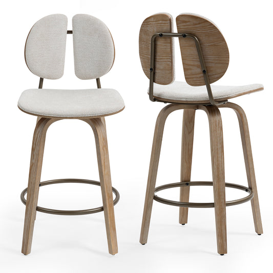 Set of 2 Betrys Beige Washed Woven Fabric Swivel Counter Stool with White Washed Wood Legs