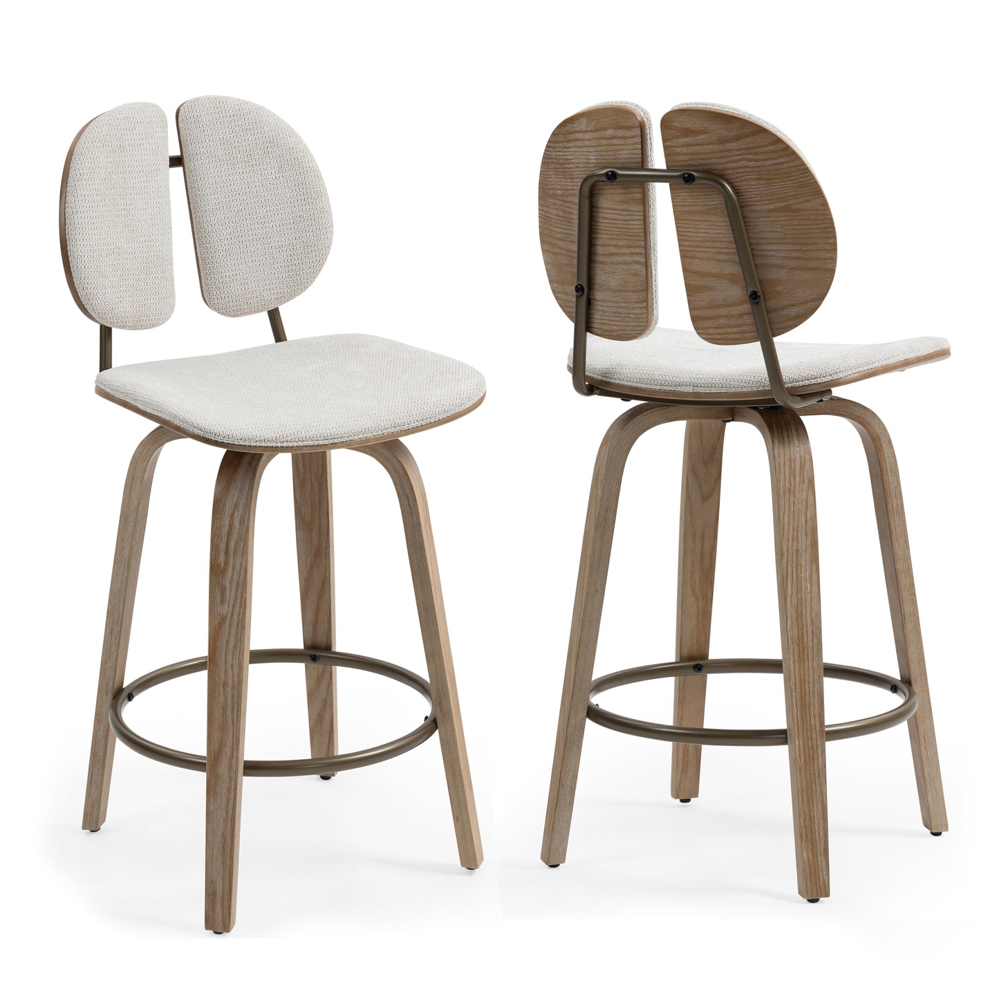 Set of 2 Betrys Beige Washed Woven Fabric Swivel Counter Stool with White Washed Wood Legs
