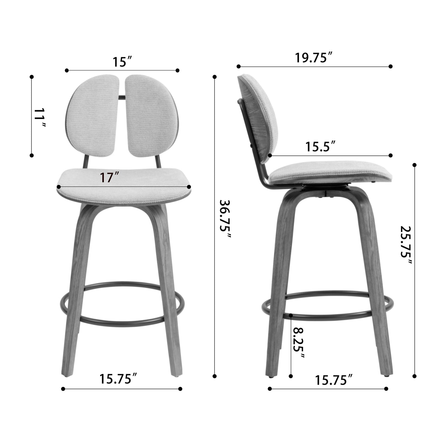 Set of 2 Betrys Beige Washed Woven Fabric Swivel Counter Stool with White Washed Wood Legs