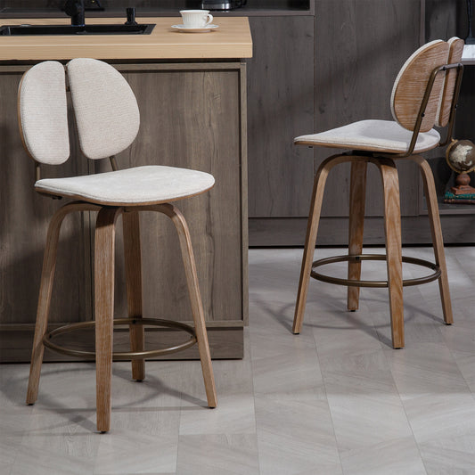 Set of 2 Betrys Beige Washed Woven Fabric Swivel Counter Stool with White Washed Wood Legs