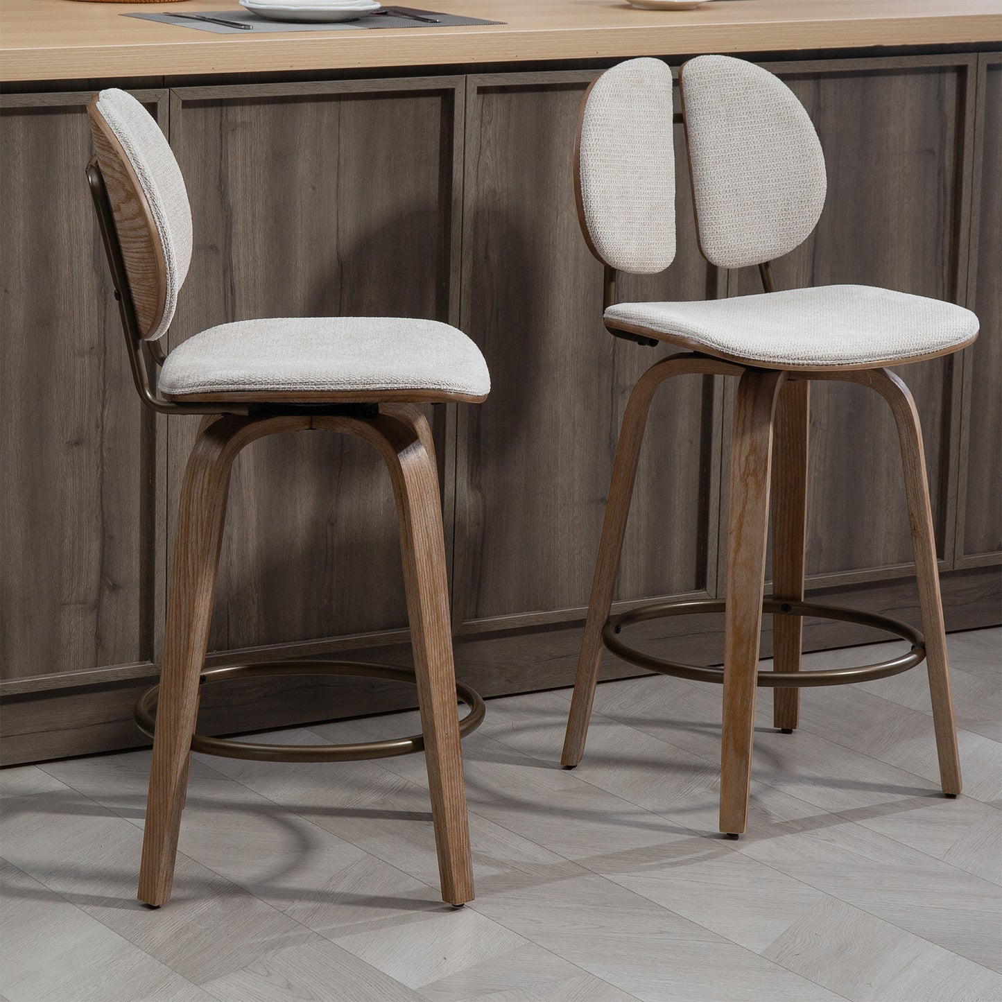 Set of 2 Betrys Beige Washed Woven Fabric Swivel Counter Stool with White Washed Wood Legs