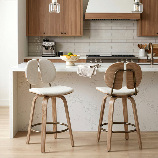 Set of 2 Betrys Beige Washed Woven Fabric Swivel Counter Stool with White Washed Wood Legs