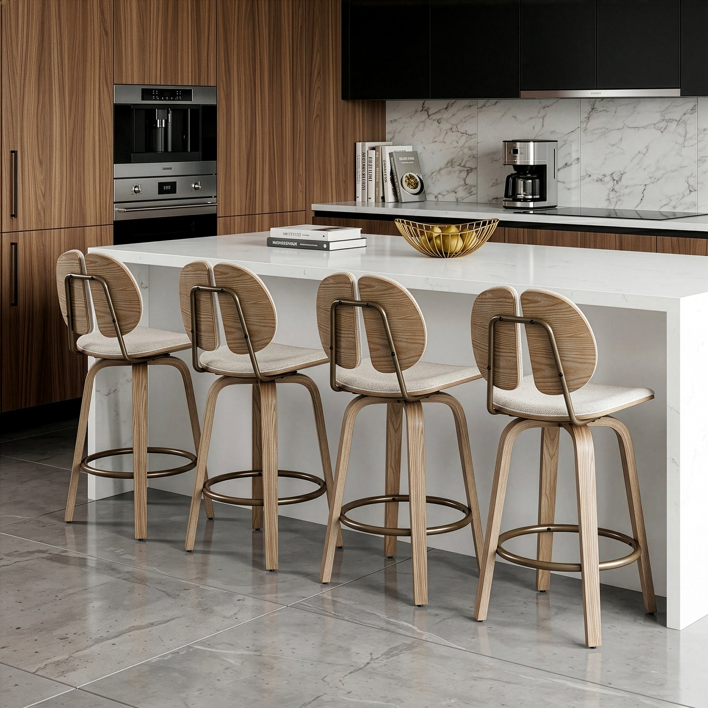 Set of 2 Betrys Beige Washed Woven Fabric Swivel Counter Stool with White Washed Wood Legs
