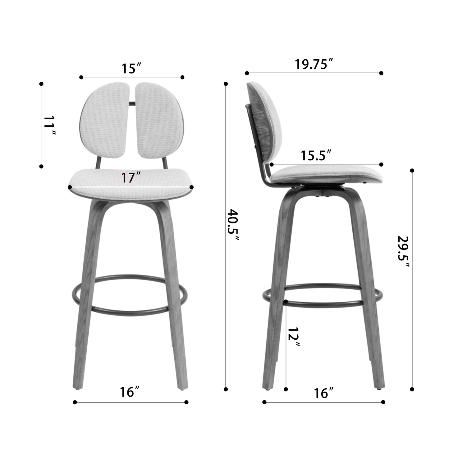 Set of 2 Betrys Beige Washed Woven Fabric Swivel Bar Stool with White Washed Wood Legs