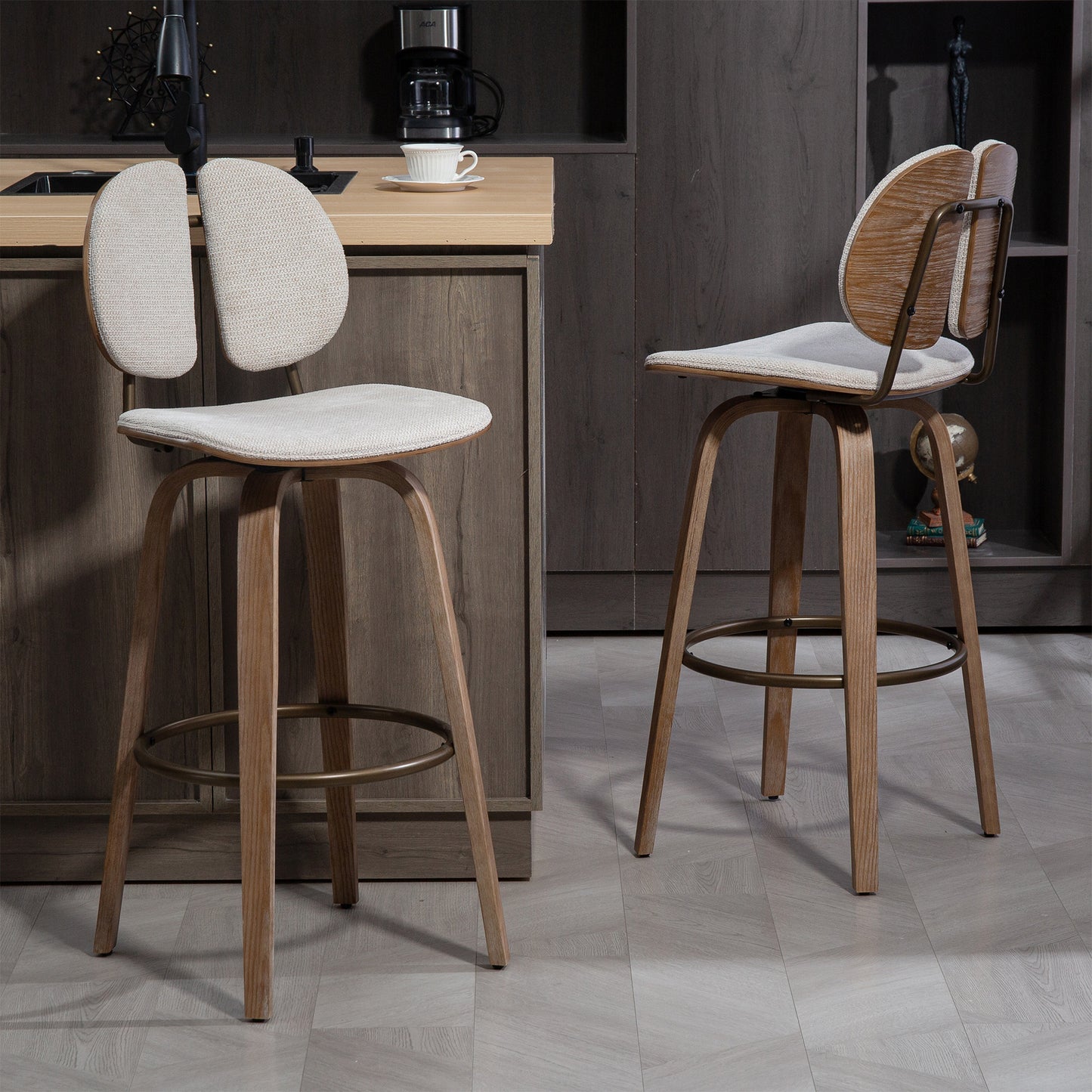 Set of 2 Betrys Beige Washed Woven Fabric Swivel Bar Stool with White Washed Wood Legs