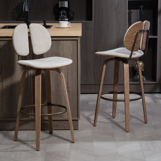 Set of 2 Betrys Beige Washed Woven Fabric Swivel Bar Stool with White Washed Wood Legs