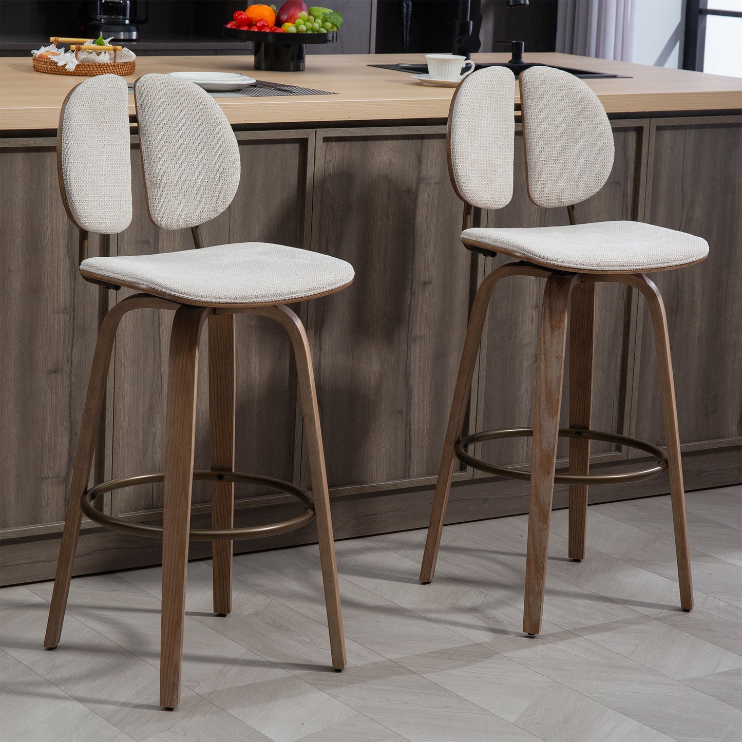 Set of 2 Betrys Beige Washed Woven Fabric Swivel Bar Stool with White Washed Wood Legs