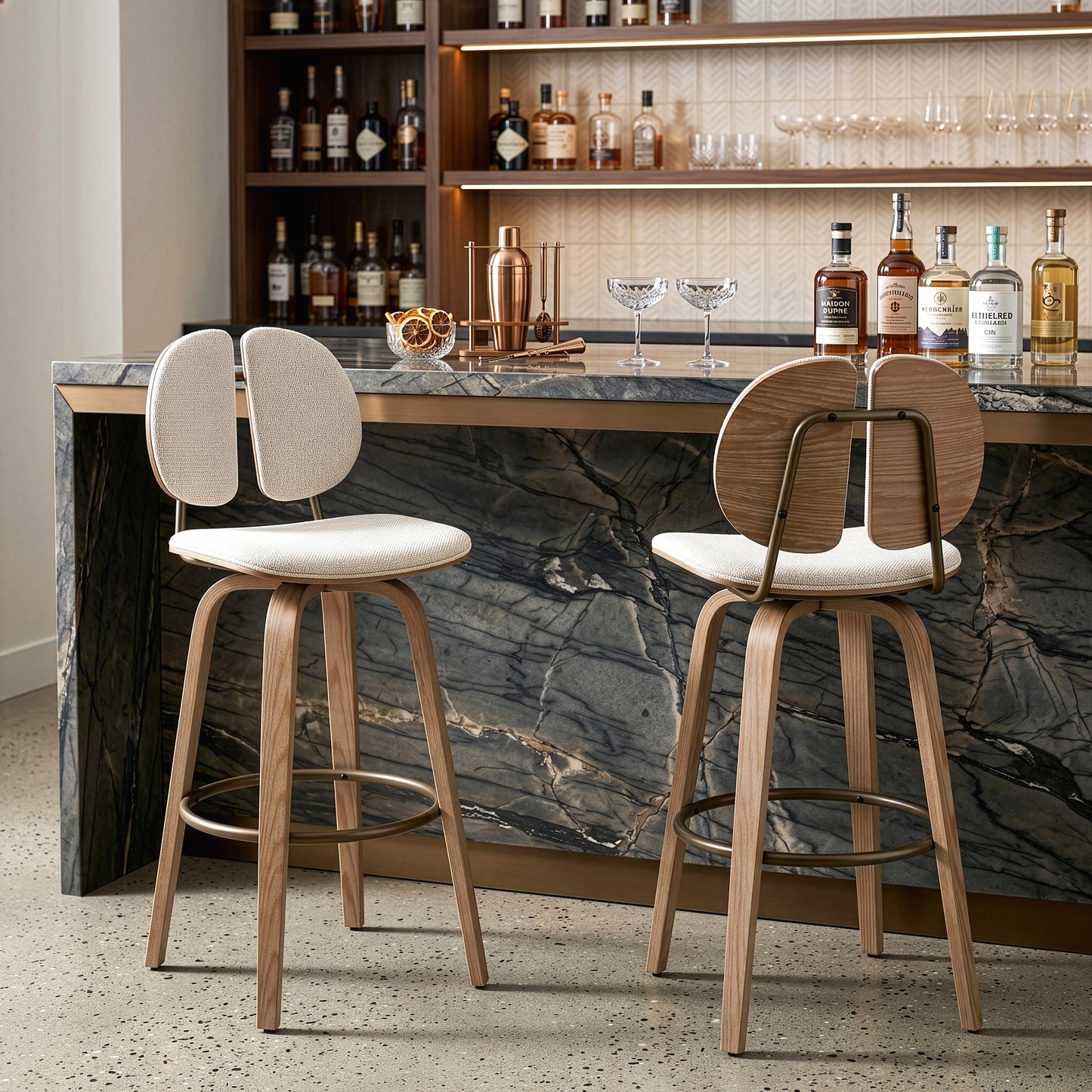 Set of 2 Betrys Beige Washed Woven Fabric Swivel Bar Stool with White Washed Wood Legs