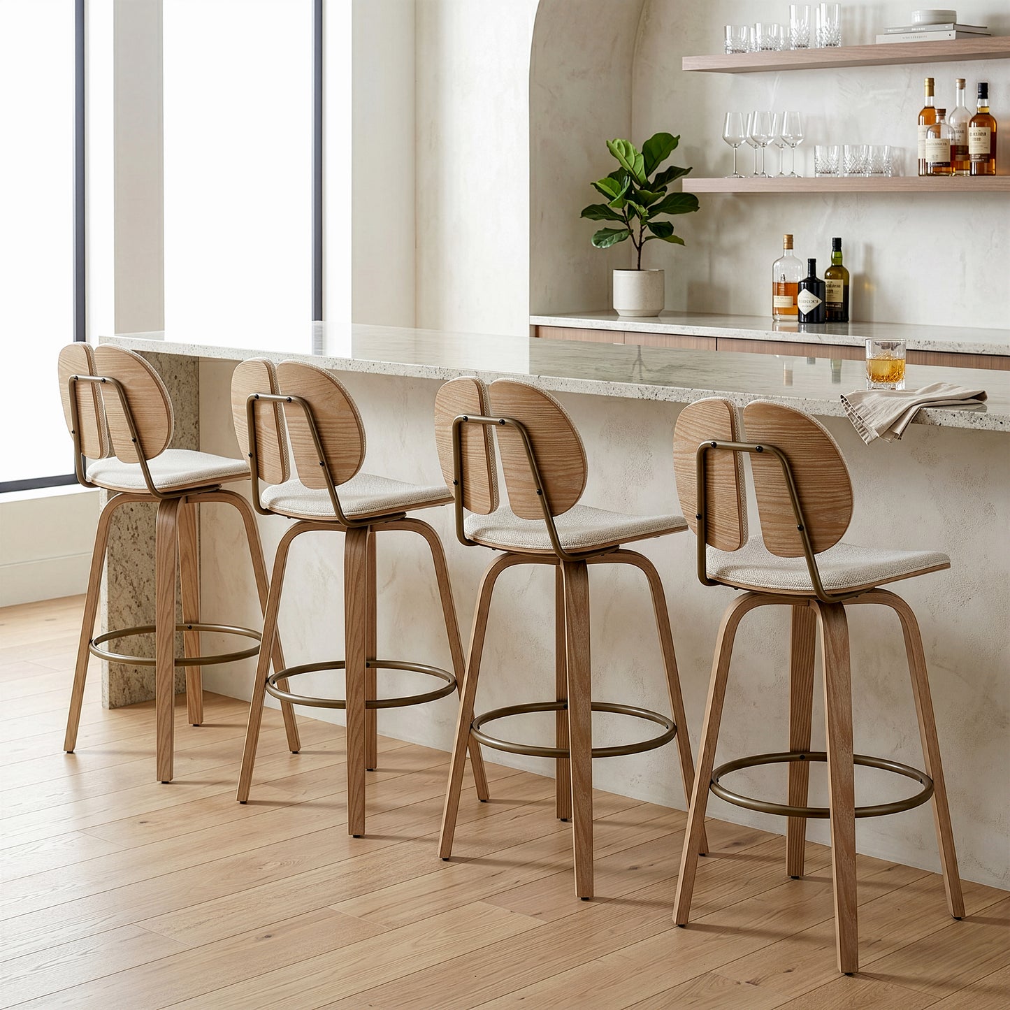 Set of 2 Betrys Beige Washed Woven Fabric Swivel Bar Stool with White Washed Wood Legs
