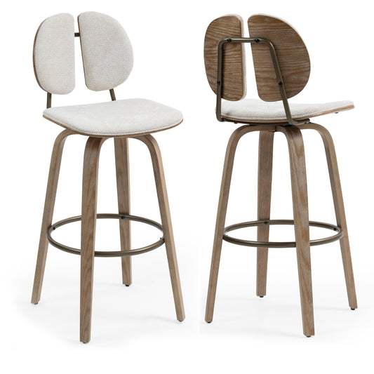Set of 2 Betrys Beige Washed Woven Fabric Swivel Bar Stool with White Washed Wood Legs