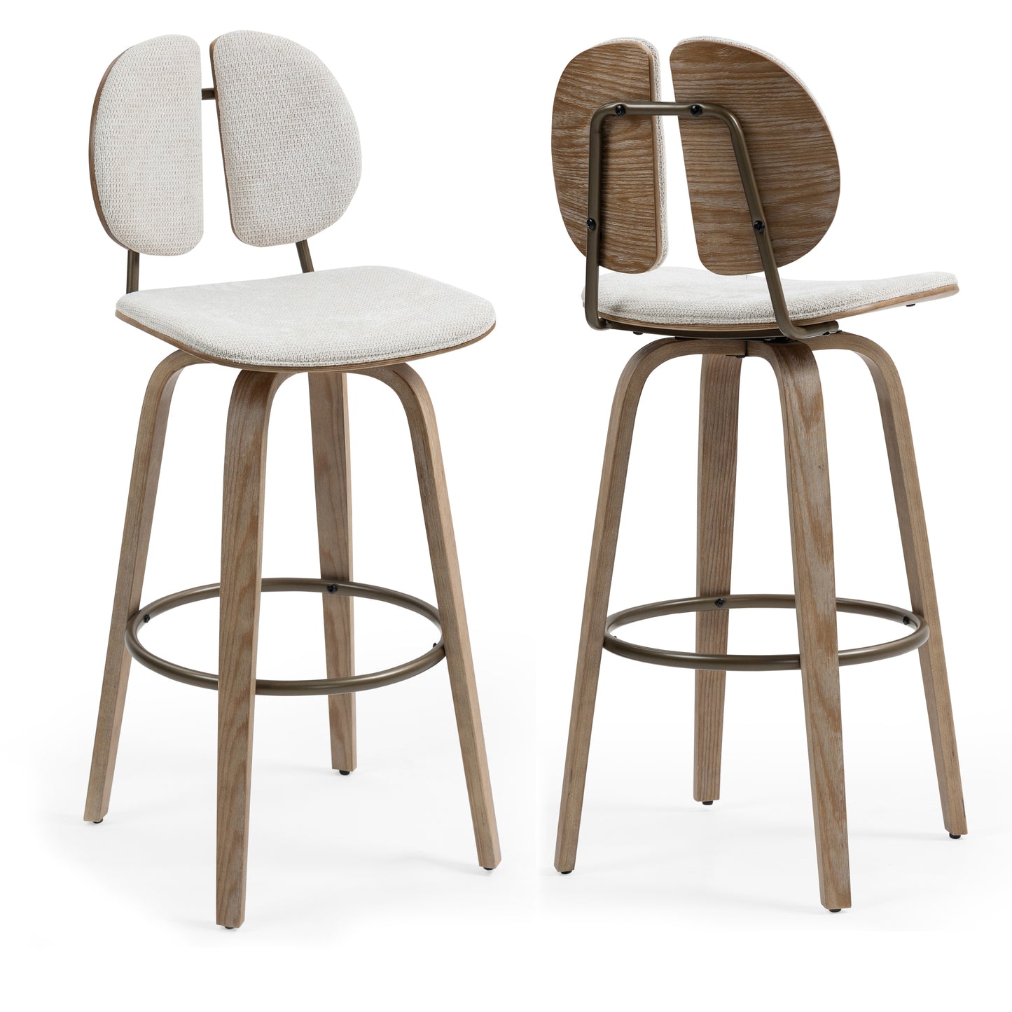 Set of 2 Betrys Beige Washed Woven Fabric Swivel Bar Stool with White Washed Wood Legs