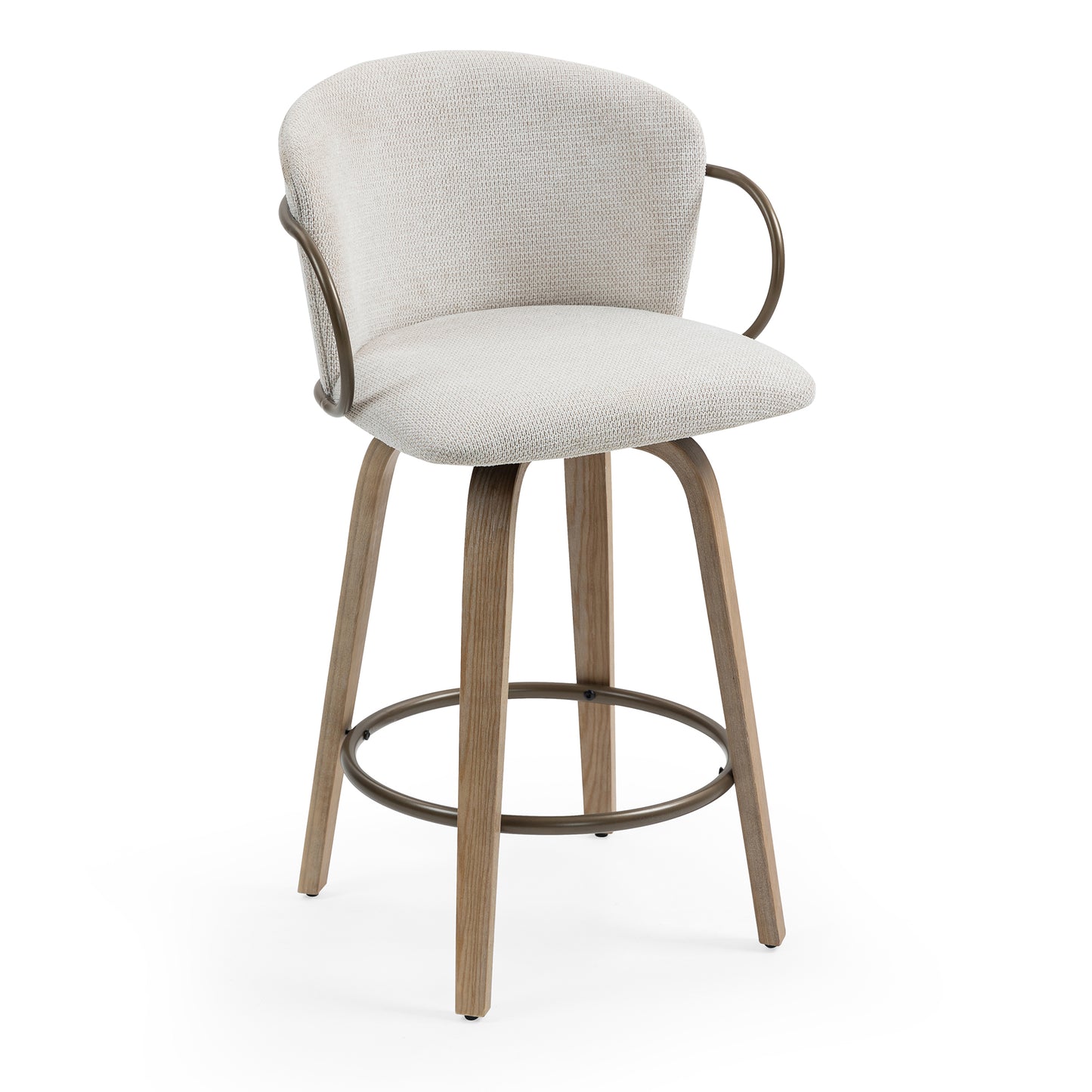 Set of 2 Bette Beige Washed Woven Fabric Swivel Counter Stool with Wood Legs and Copper Iron Arms