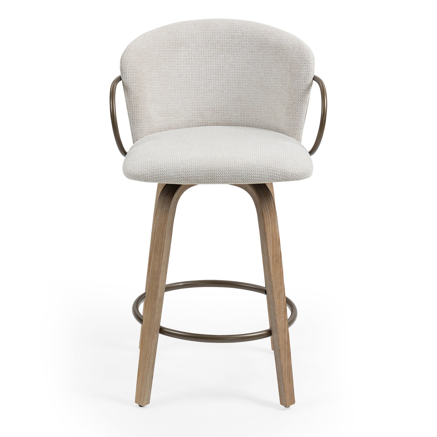 Set of 2 Bette Beige Washed Woven Fabric Swivel Counter Stool with Wood Legs and Copper Iron Arms