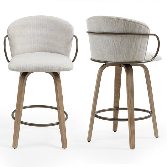 Set of 2 Bette Beige Washed Woven Fabric Swivel Counter Stool with Wood Legs and Copper Iron Arms