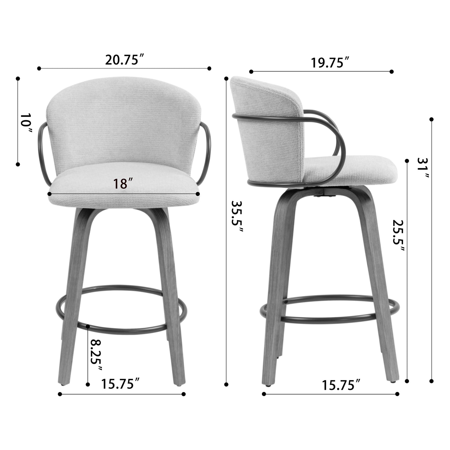 Set of 2 Bette Beige Washed Woven Fabric Swivel Counter Stool with Wood Legs and Copper Iron Arms