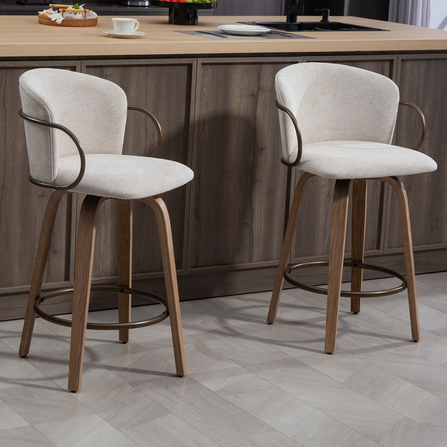 Set of 2 Bette Beige Washed Woven Fabric Swivel Counter Stool with Wood Legs and Copper Iron Arms