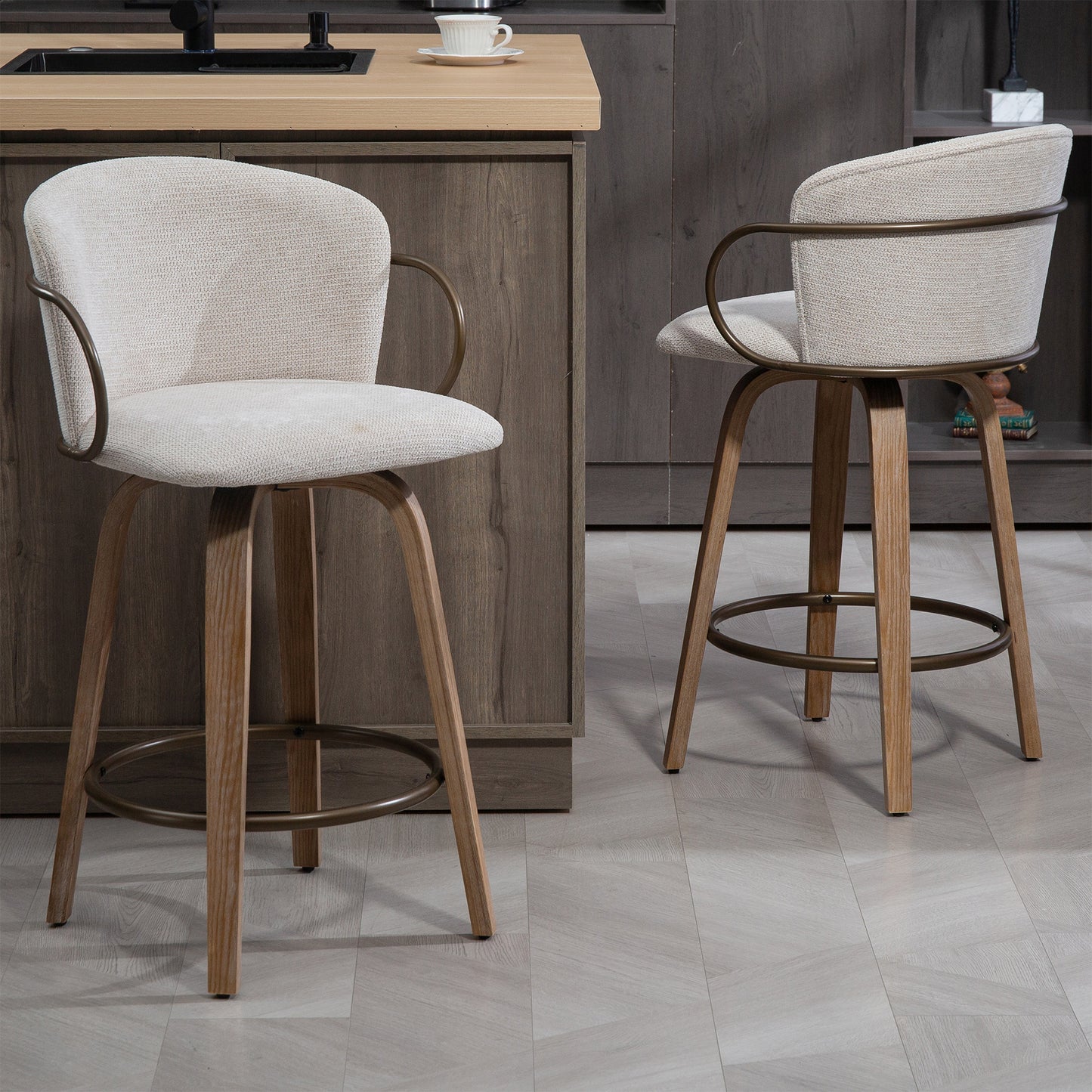 Set of 2 Bette Beige Washed Woven Fabric Swivel Counter Stool with Wood Legs and Copper Iron Arms