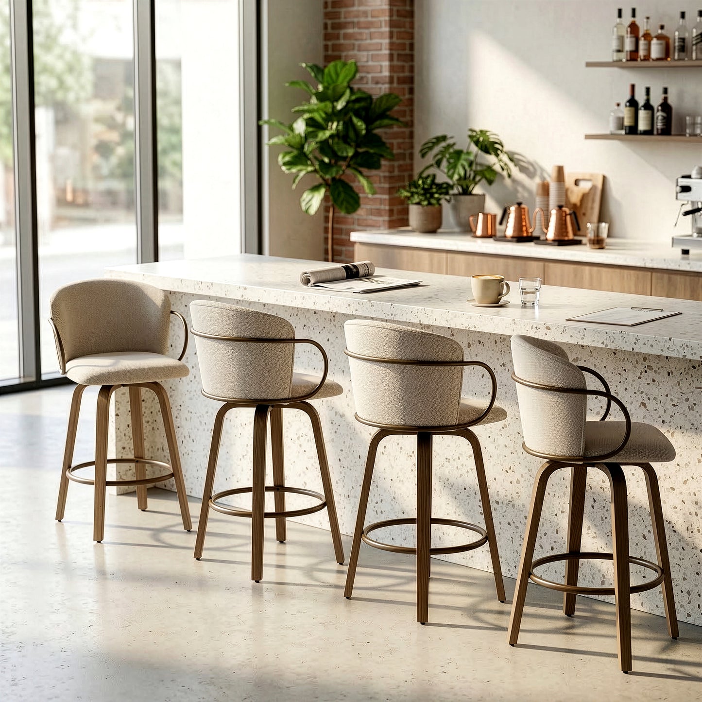 Set of 2 Bette Beige Washed Woven Fabric Swivel Counter Stool with Wood Legs and Copper Iron Arms