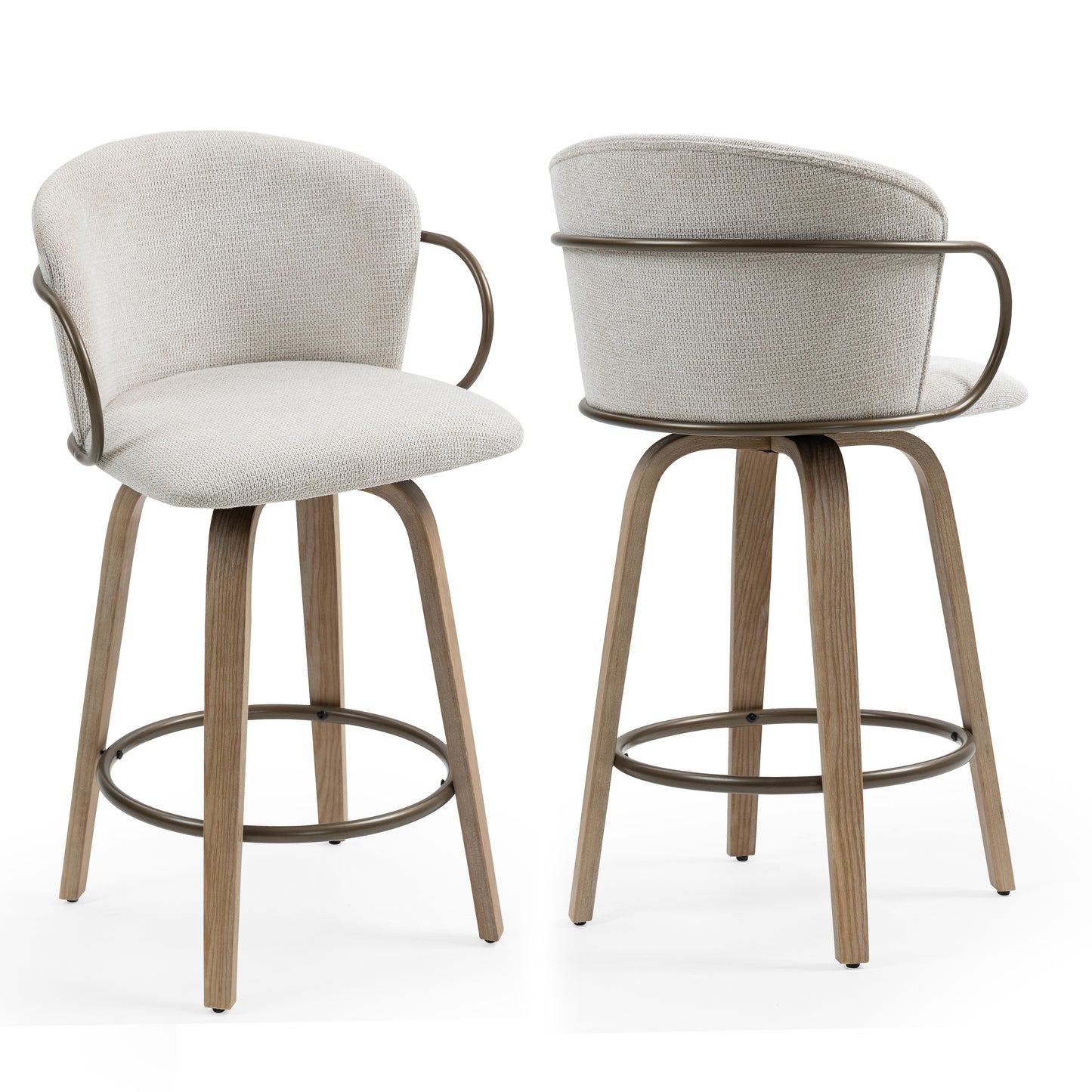 Set of 2 Bette Beige Washed Woven Fabric Swivel Counter Stool with Wood Legs and Copper Iron Arms