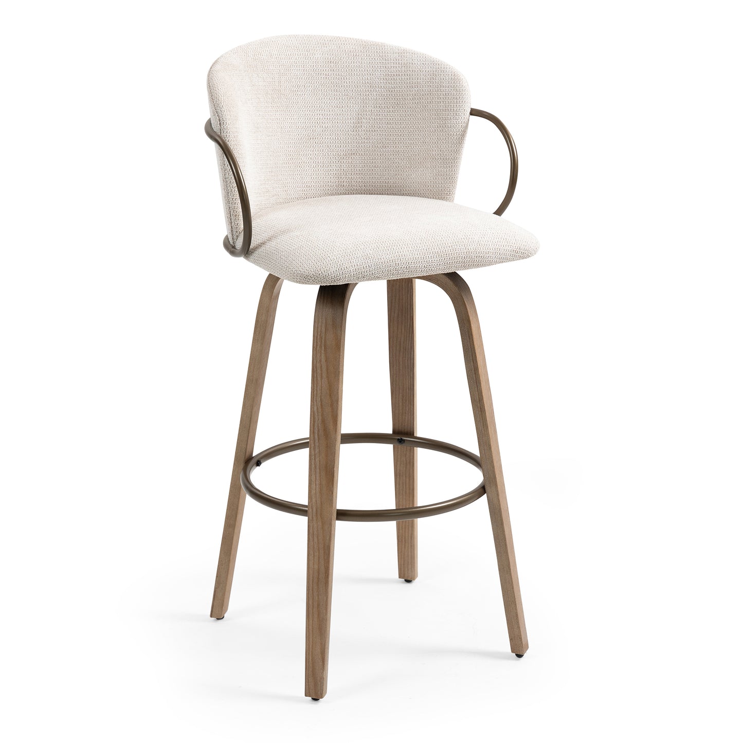 Set of 2 Bette Beige Washed Woven Fabric Swivel Bar Stool with Wood Legs and Copper Iron Arms
