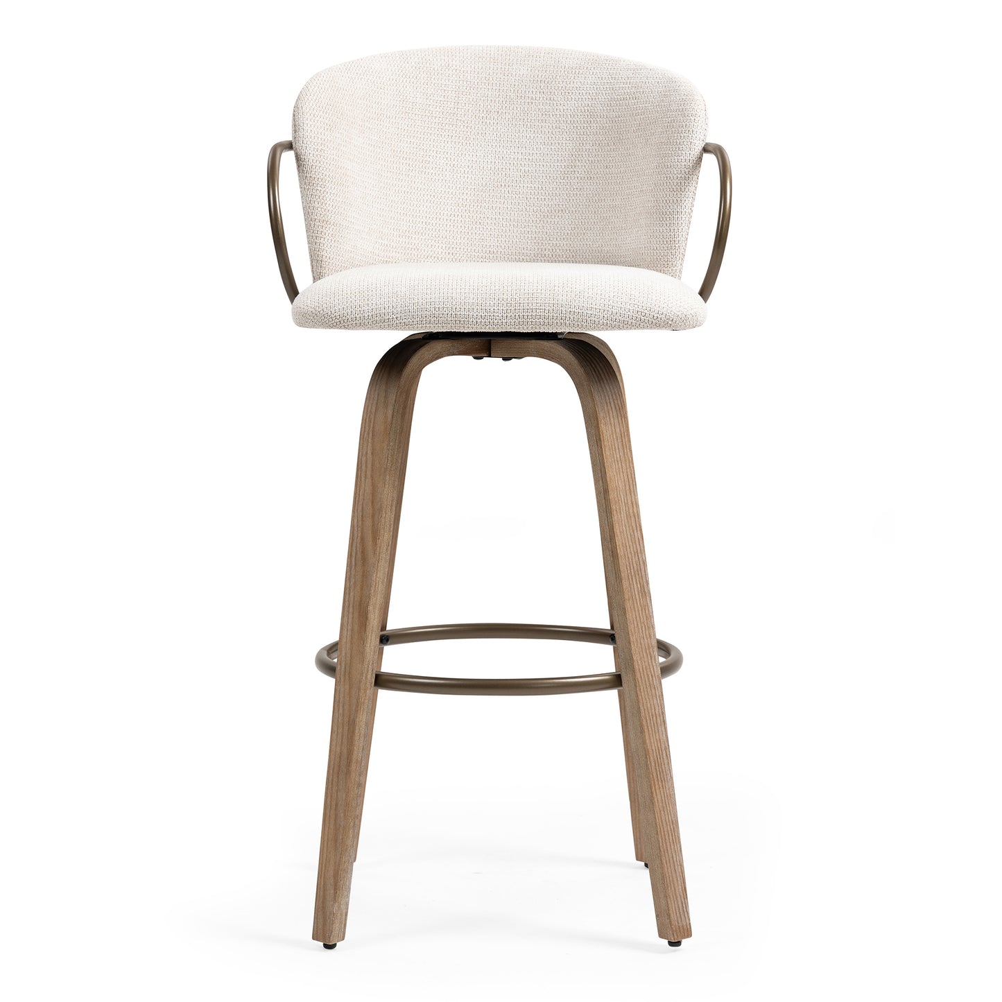 Set of 2 Bette Beige Washed Woven Fabric Swivel Bar Stool with Wood Legs and Copper Iron Arms