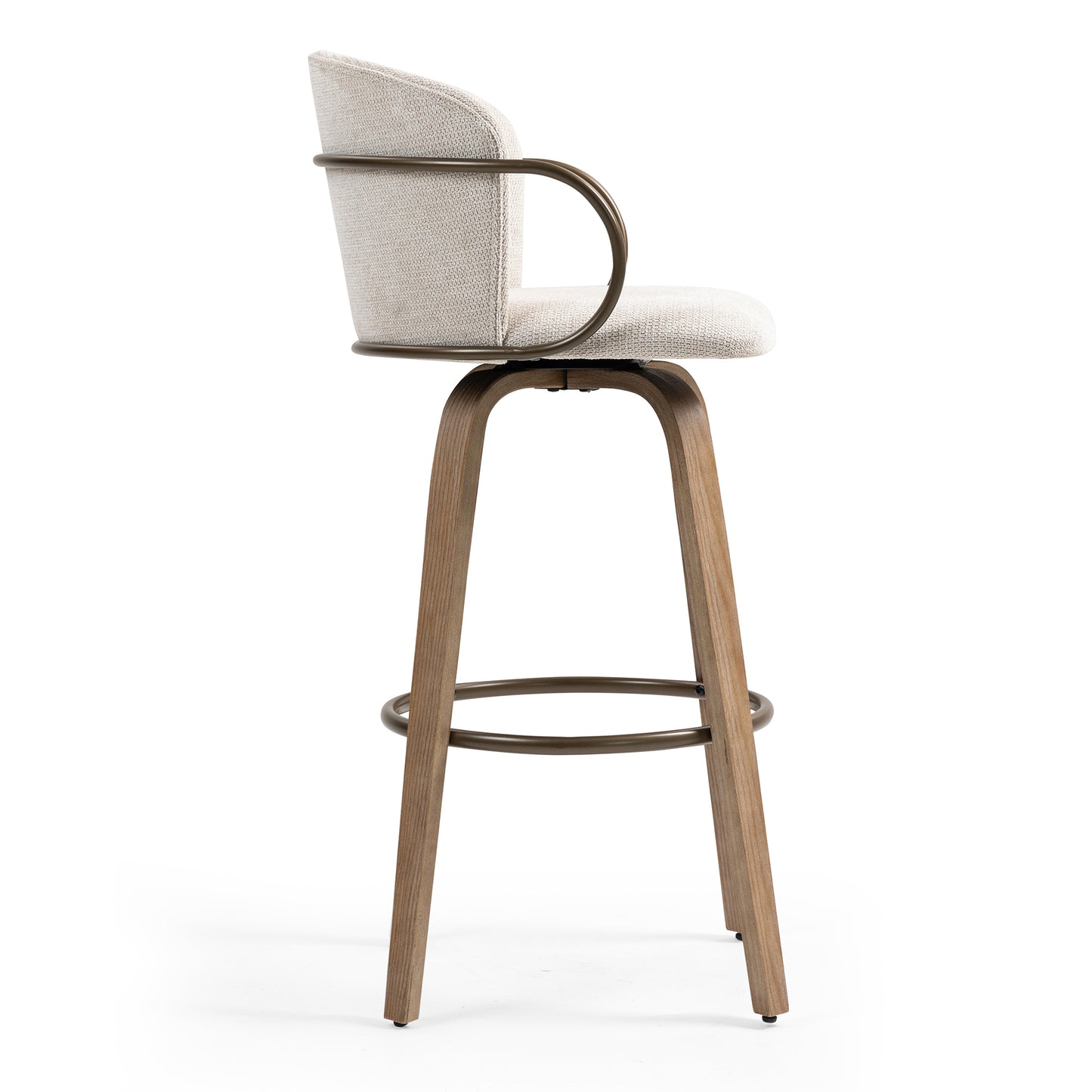 Set of 2 Bette Beige Washed Woven Fabric Swivel Bar Stool with Wood Legs and Copper Iron Arms