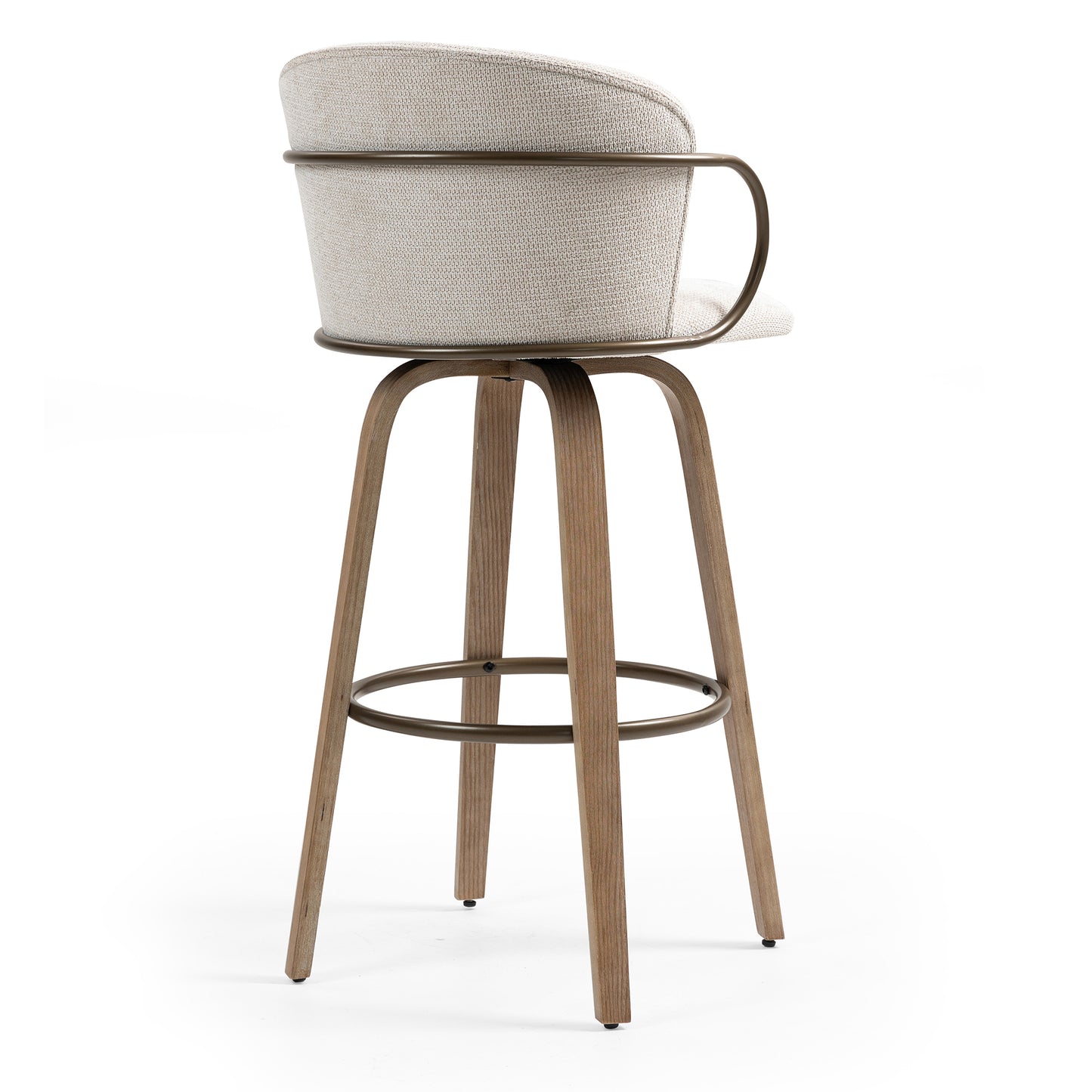 Set of 2 Bette Beige Washed Woven Fabric Swivel Bar Stool with Wood Legs and Copper Iron Arms