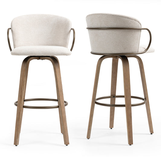 Set of 2 Bette Beige Washed Woven Fabric Swivel Bar Stool with Wood Legs and Copper Iron Arms