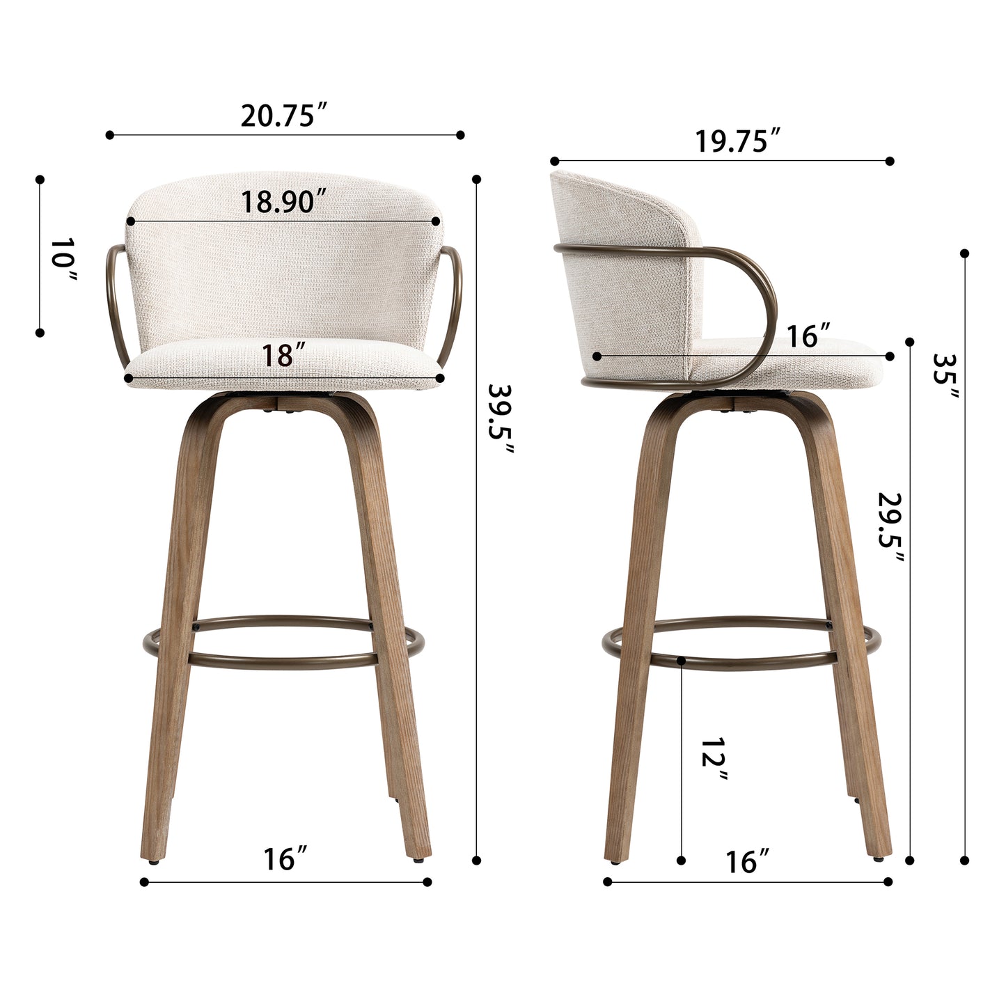 Set of 2 Bette Beige Washed Woven Fabric Swivel Bar Stool with Wood Legs and Copper Iron Arms