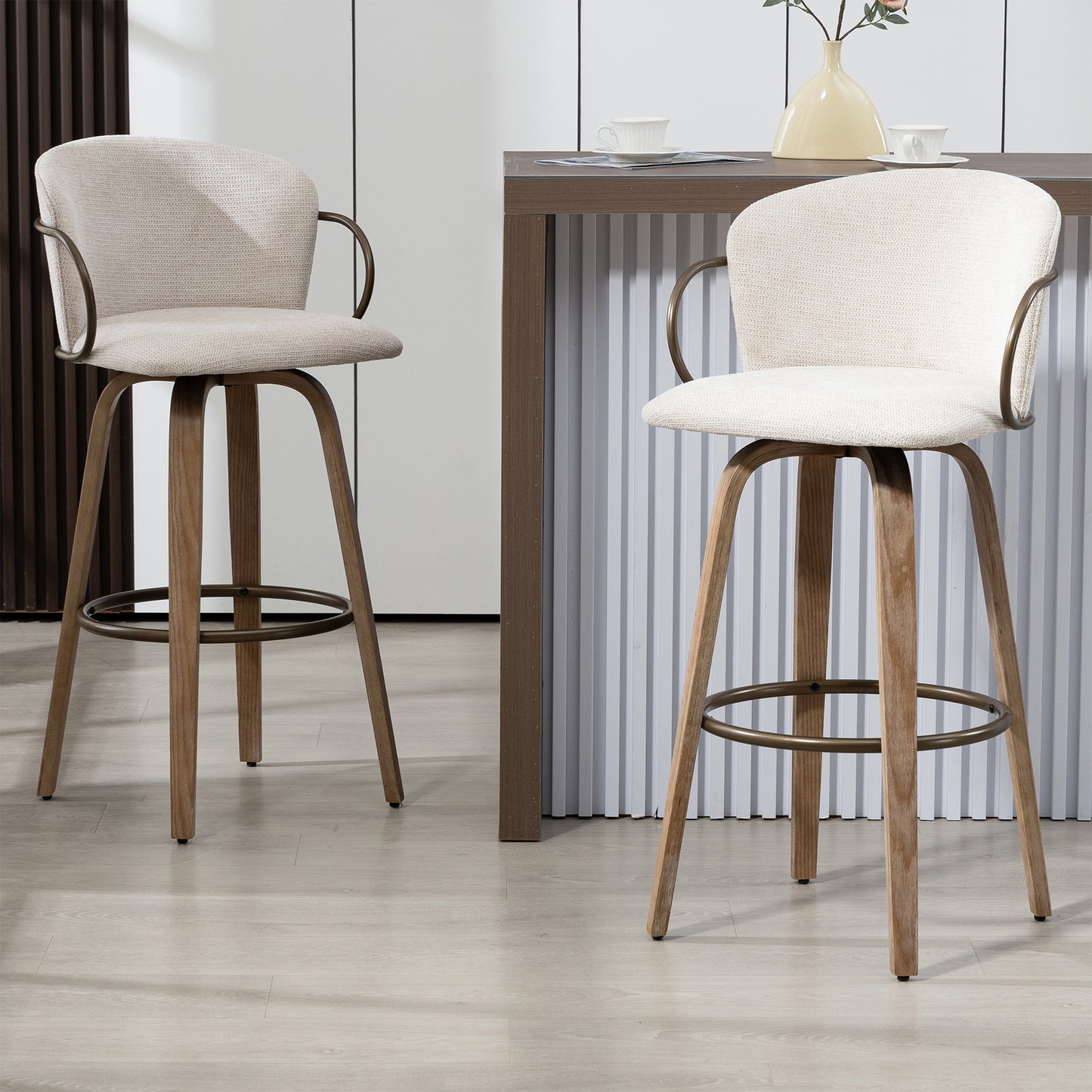 Set of 2 Bette Beige Washed Woven Fabric Swivel Bar Stool with Wood Legs and Copper Iron Arms