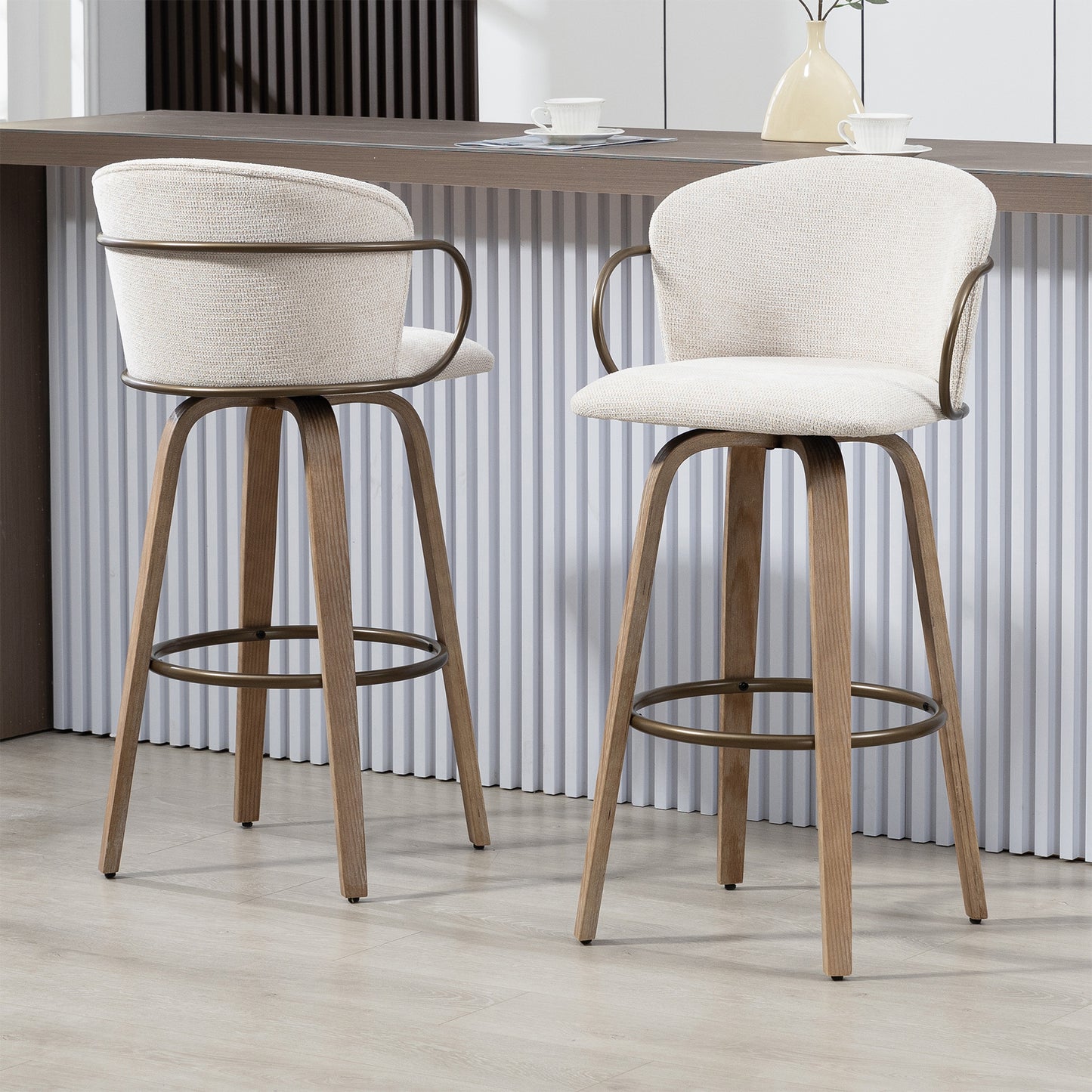 Set of 2 Bette Beige Washed Woven Fabric Swivel Bar Stool with Wood Legs and Copper Iron Arms