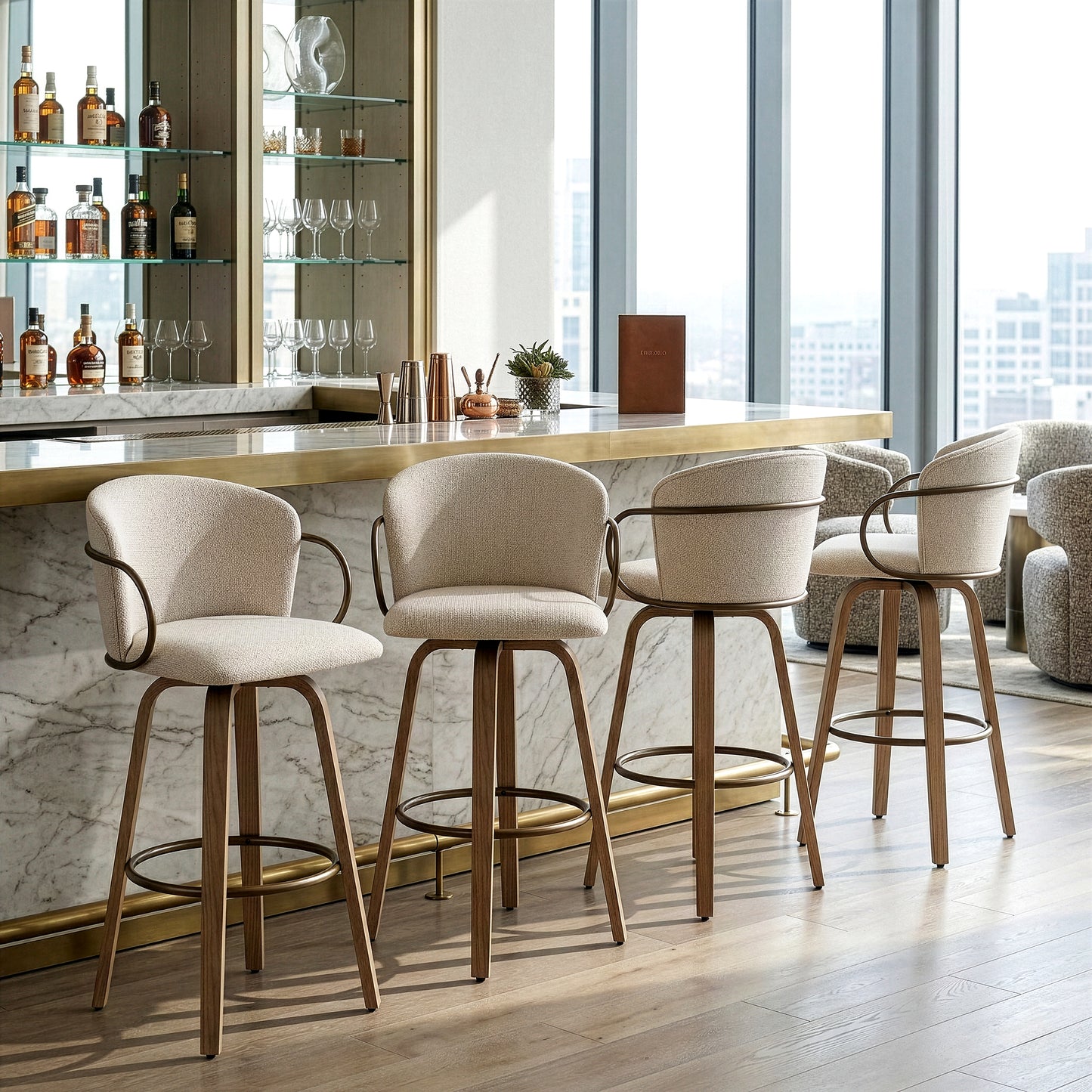 Set of 2 Bette Beige Washed Woven Fabric Swivel Bar Stool with Wood Legs and Copper Iron Arms