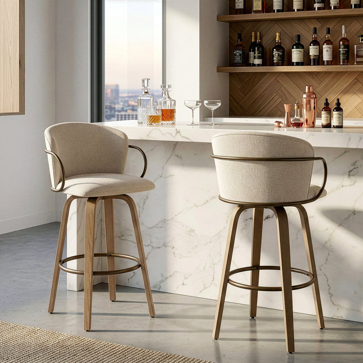 Set of 2 Bette Beige Washed Woven Fabric Swivel Bar Stool with Wood Legs and Copper Iron Arms