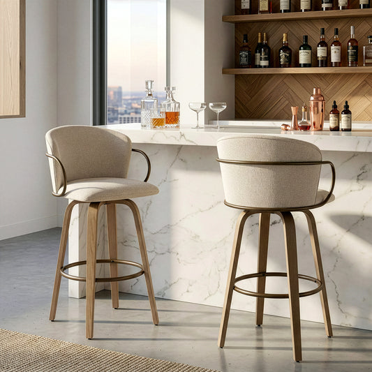 Set of 2 Bette Beige Washed Woven Fabric Swivel Bar Stool with Wood Legs and Copper Iron Arms