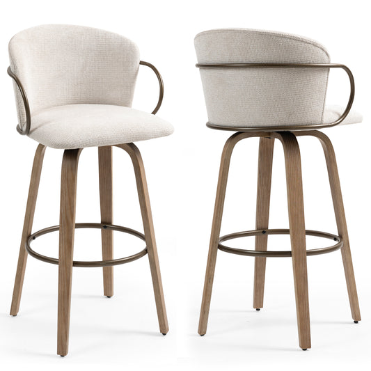 Set of 2 Bette Beige Washed Woven Fabric Swivel Bar Stool with Wood Legs and Copper Iron Arms