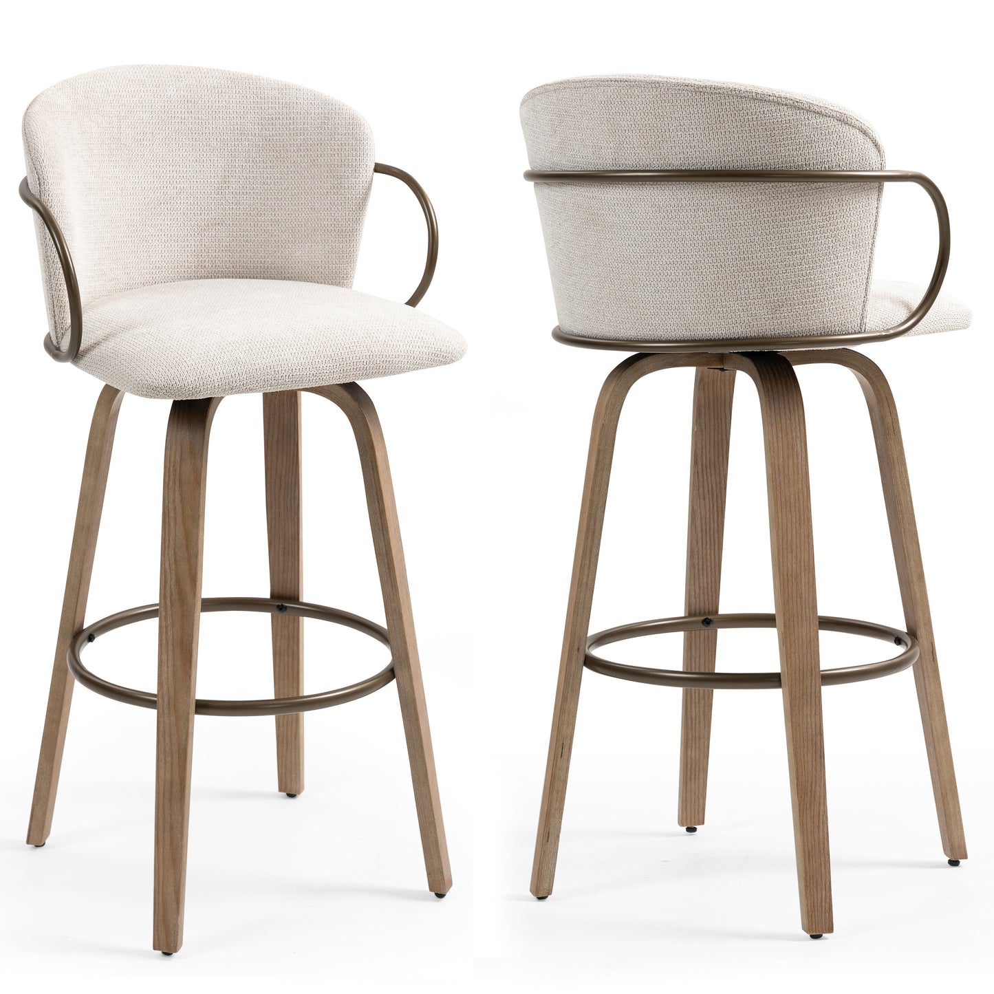 Set of 2 Bette Beige Washed Woven Fabric Swivel Bar Stool with Wood Legs and Copper Iron Arms