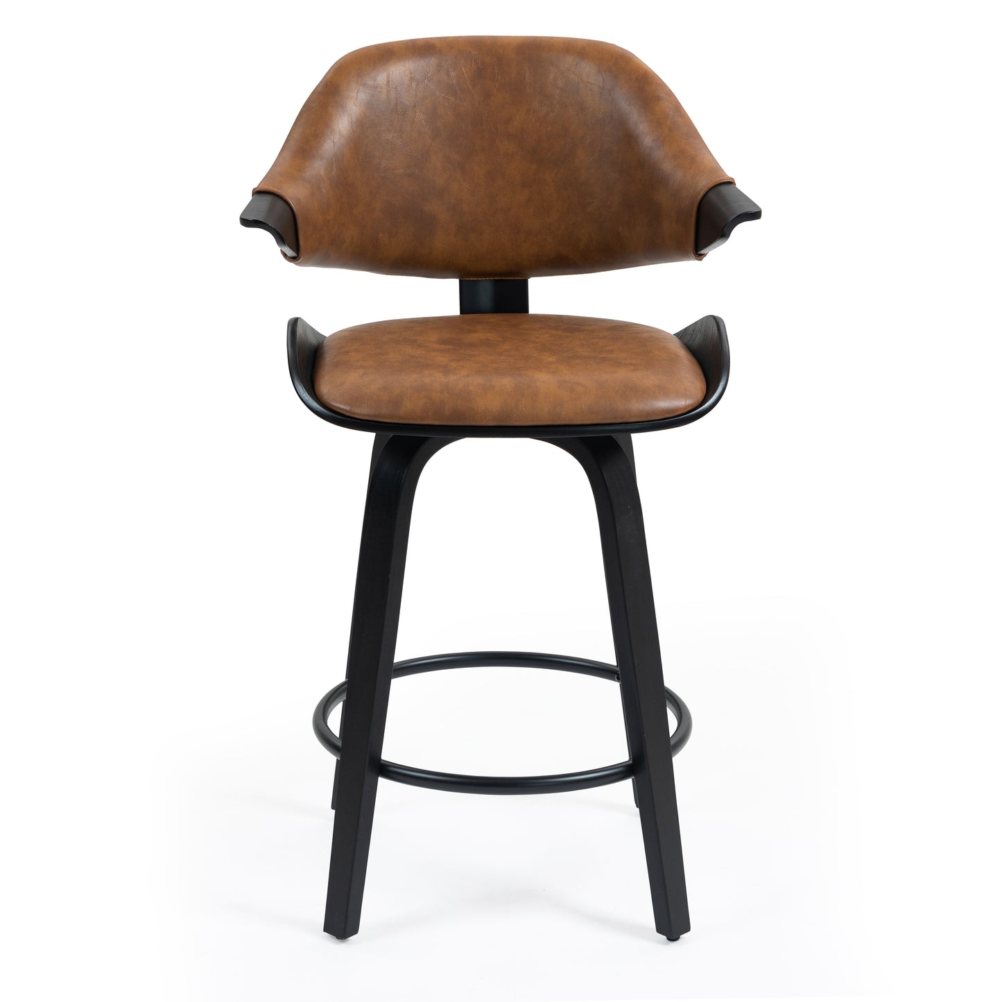 Set of 2 Bevelyn Vintage Brown Faux Leather Swivel Counter Stool with Black Wood Legs