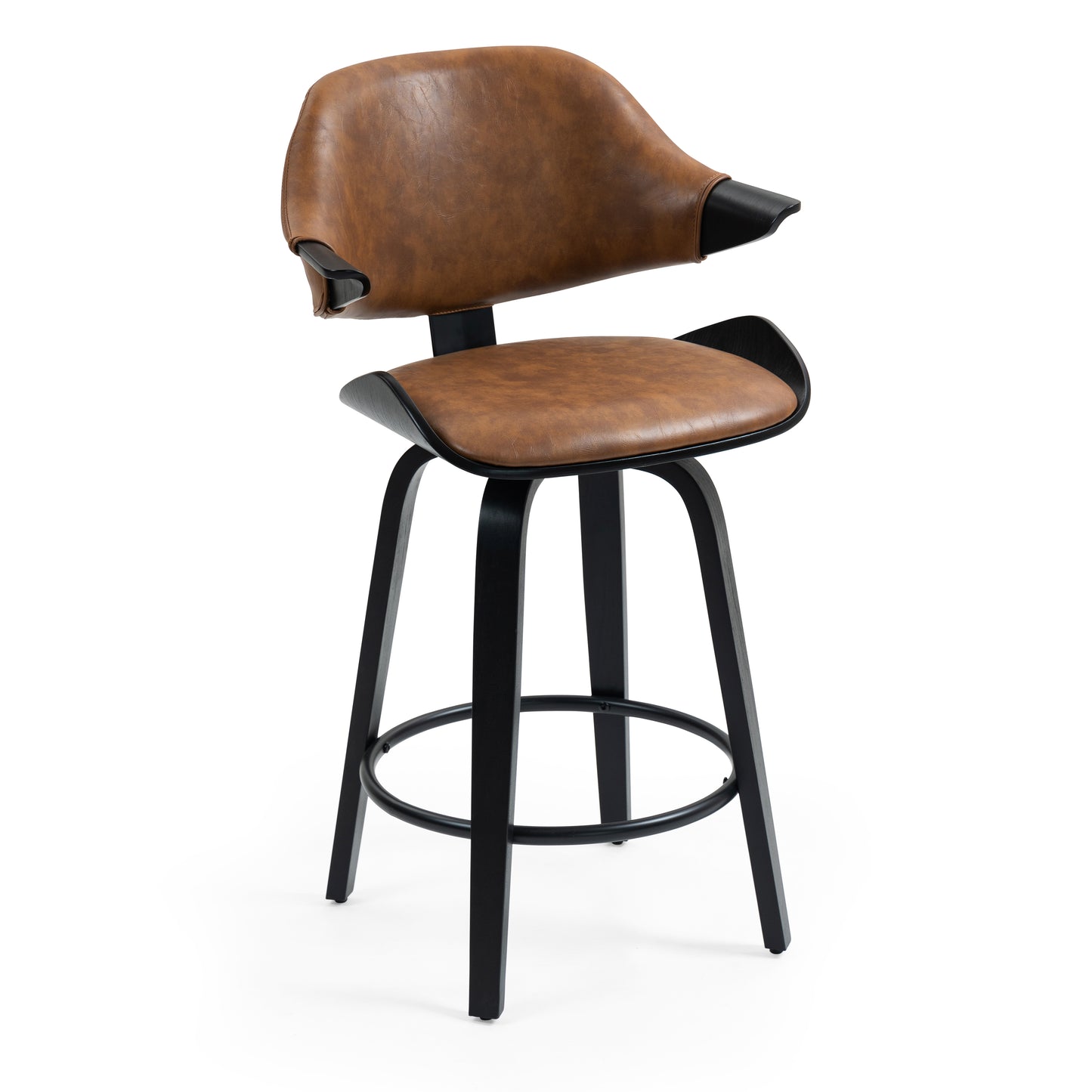 Set of 2 Bevelyn Vintage Brown Faux Leather Swivel Counter Stool with Black Wood Legs