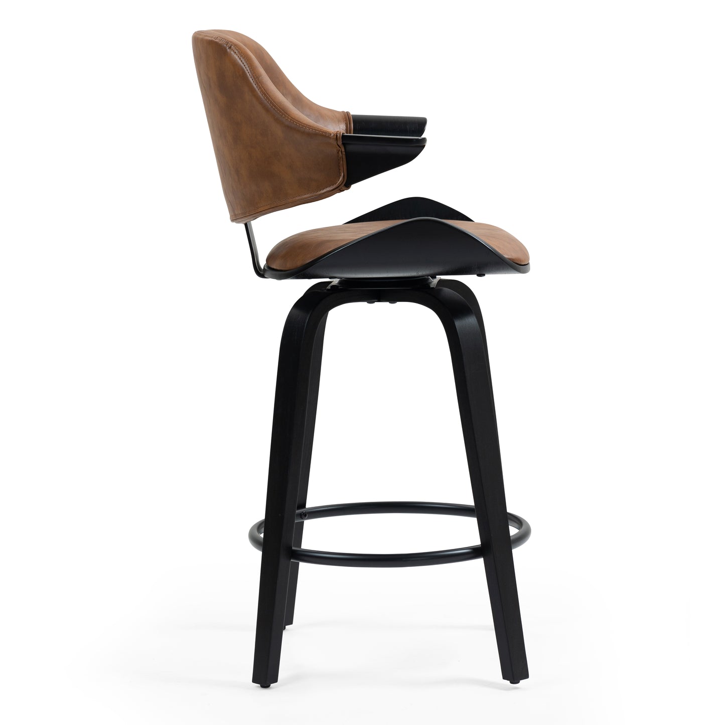 Set of 2 Bevelyn Vintage Brown Faux Leather Swivel Counter Stool with Black Wood Legs